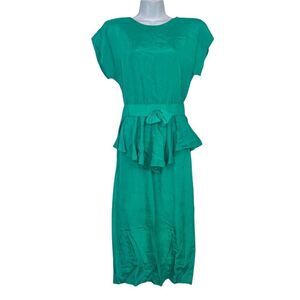 Vintage 80s Brioche Sheath Dress Womens M Green Short Sleeve Peplum